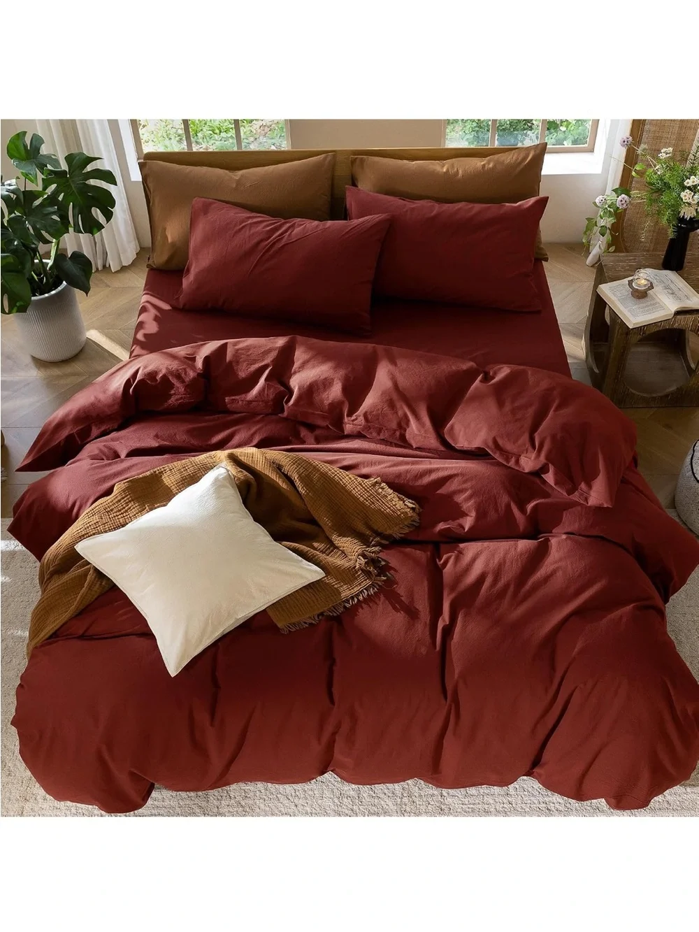 NEW MooMee 100% Washed Cotton Duvet Cover Set. Linen Like Texture, Rusty red